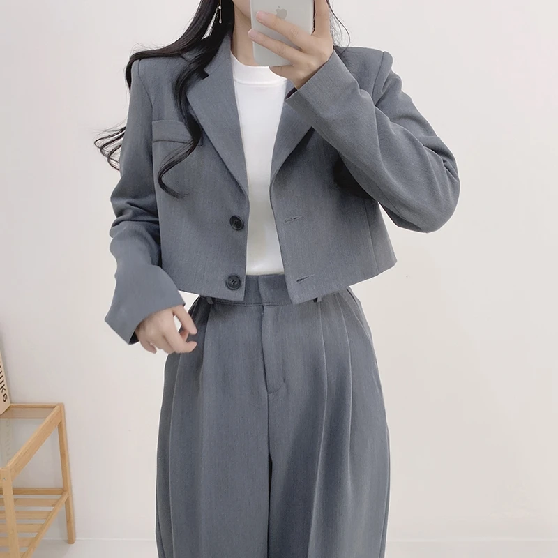 

Korean Sle Chic Early Spring Faion Loose Casual Suit Jaet And Pants Set Two Piece Set Long Sve High Waist Wide Leg