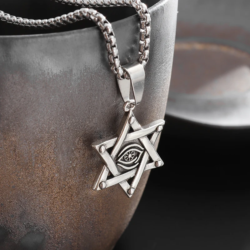 Vintage All Seeing Eye Pendant Judaism Star of David Necklace for Men Women Punk Religious Amulet Jewelry