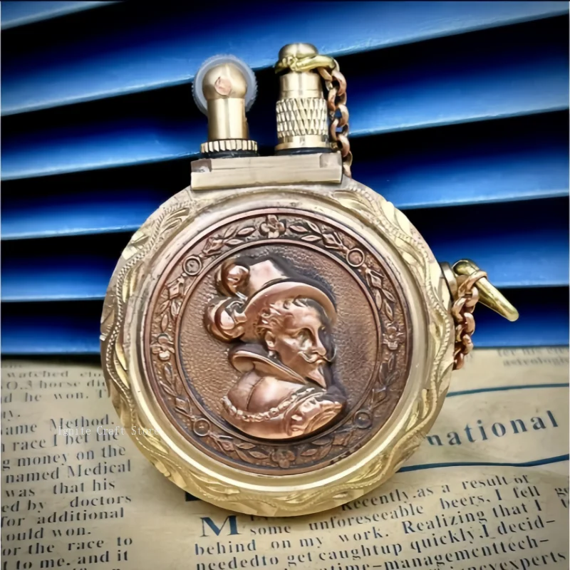 Brass&purple copper inlaid pocket watch shaped fuel lighter, vintage antique lighter, cigarette accessory, men's gift