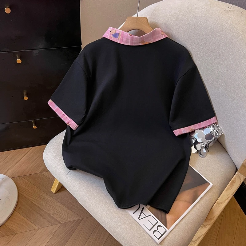 2025 صيف جديد متعدد الاستخدامات نمط Preppy المتخصصة الكرتون الكتابة على الجدران المتخصصة اقتصاص التلبيب فضفاضة قصيرة الأكمام شيك Ins تي شيرت #2