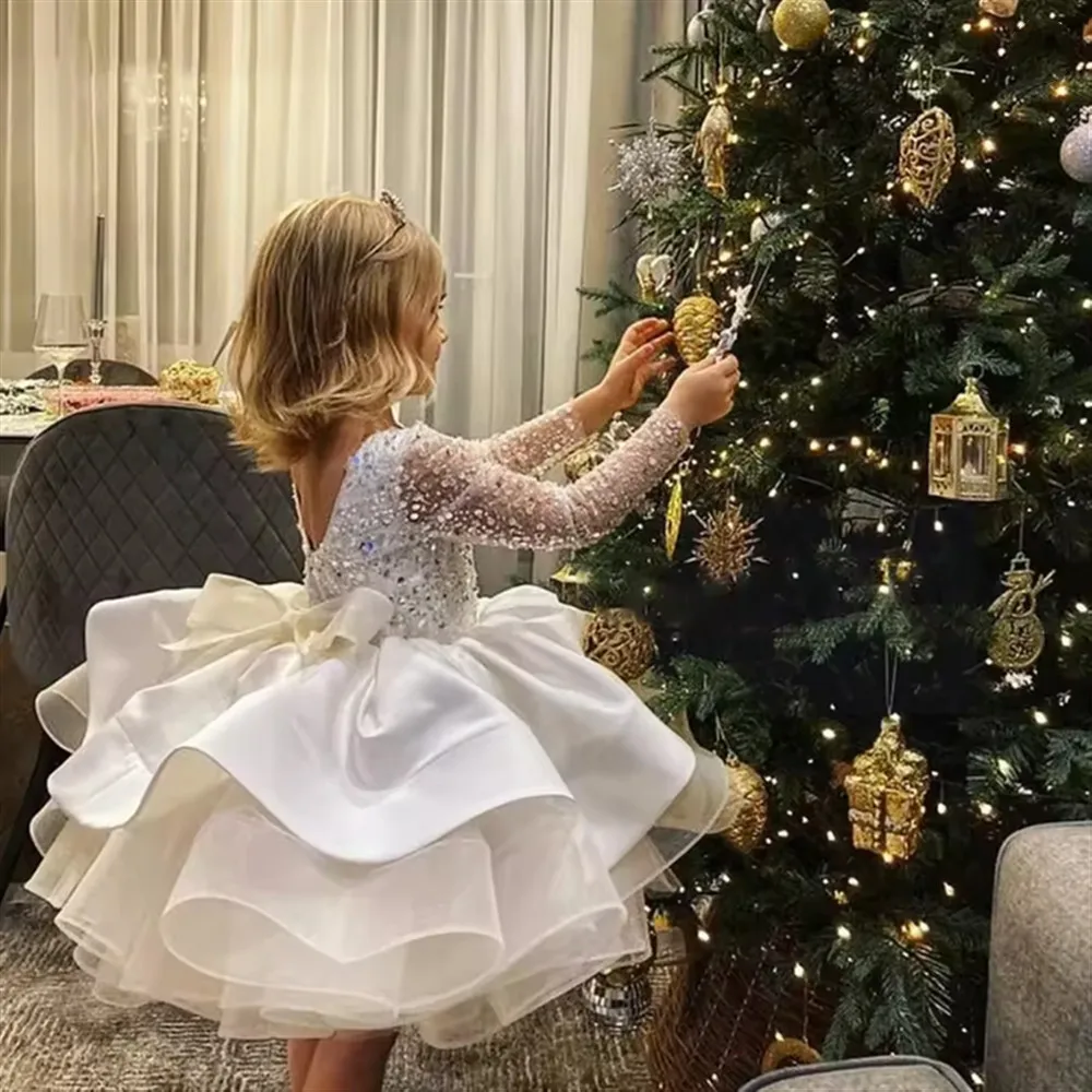 

Customized Luxury Sequined Flower Girl Wedding Dress Full Sleeve Bow Puffy Princess Birthday Party Dress Kids Baptism Ball Gown