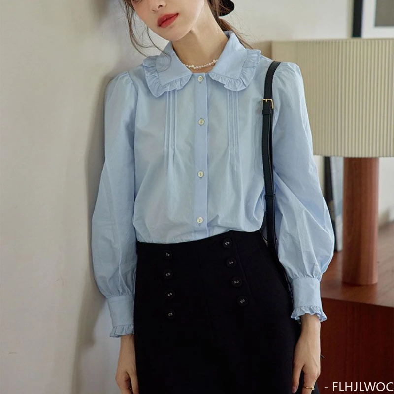 Ruffles Cute Cotton Peter Pan Collar Tops Blouses New Design 2023 Summer Women Chic Korea Casual Japan Girls Basic Blue Shirts