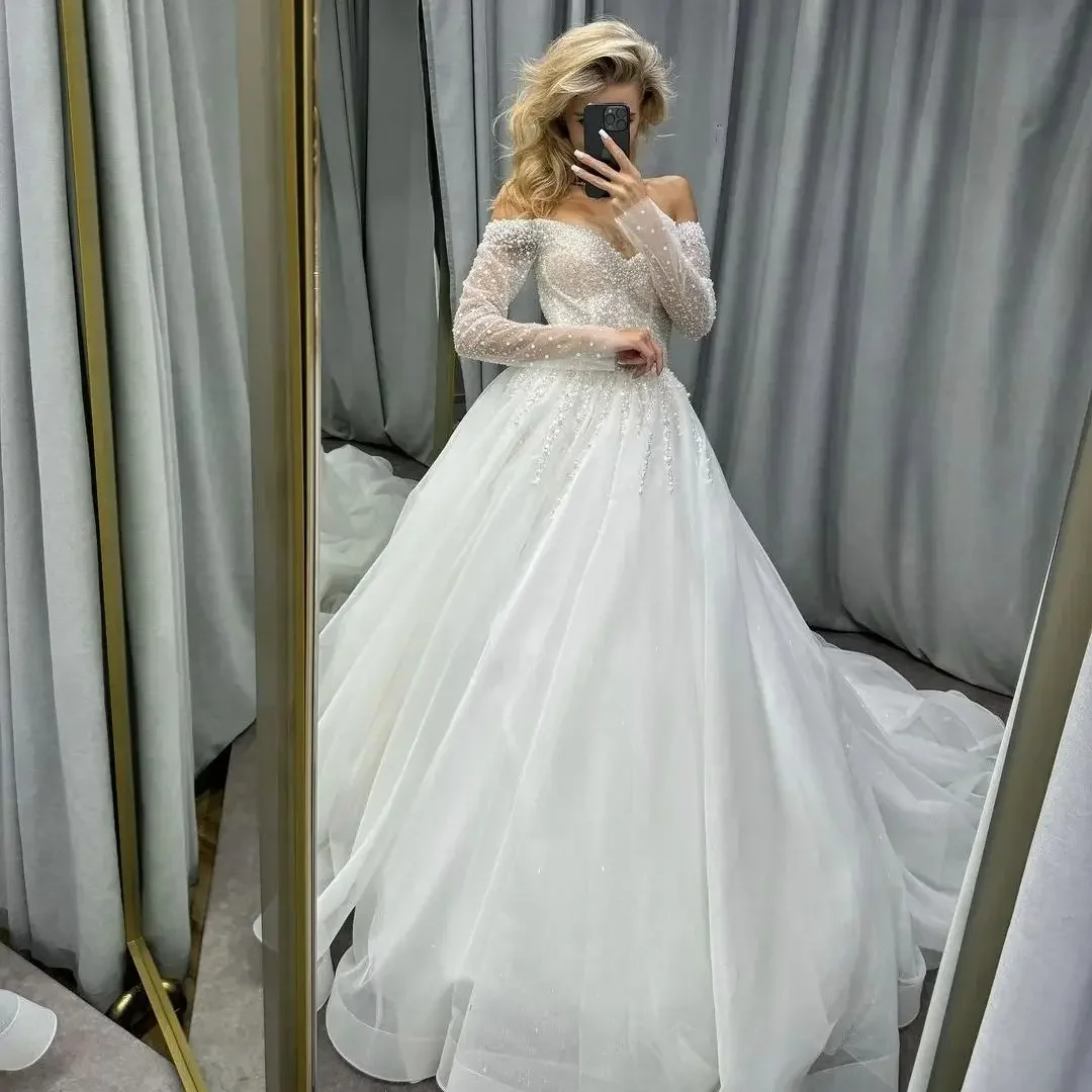

Sparkly Tulle Bridal Gowns Long Sleeve A-Line For Women To Measures Wedding Dress Zipper 2025 Customized Vestidos de Novia