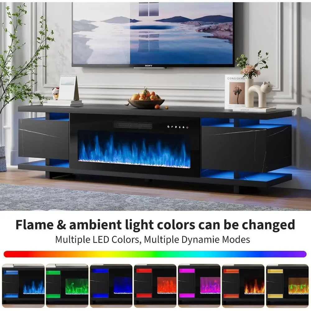 TV Stand with Electric Fireplace, Marble Textured LED Entertainment Center, 36 Electric Fireplace, Hidden Gloss Storage, Black T