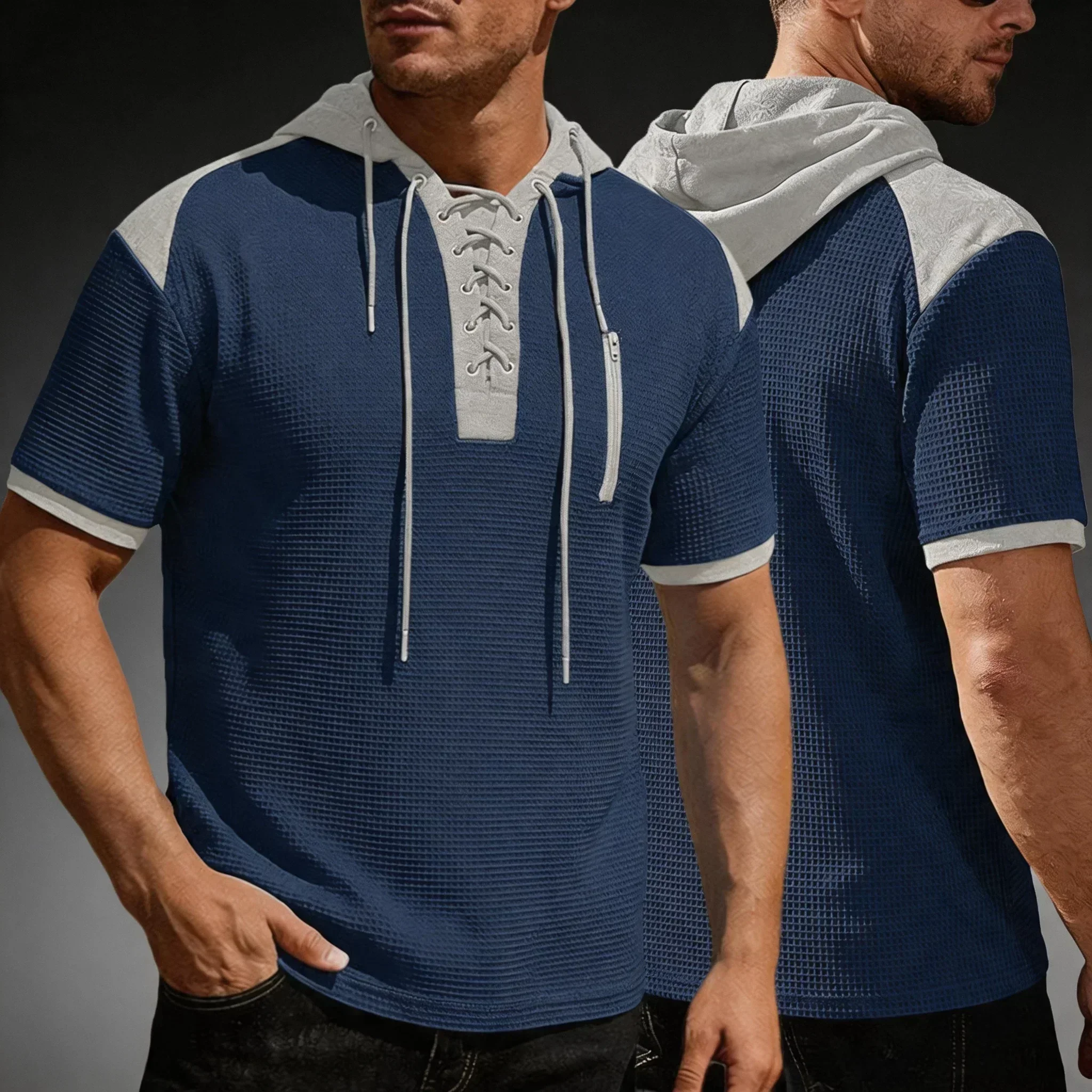 Mens Casual Lace-Up Hooded Henley T Shirt Short Sleeve Waffle Knit 2026 Gym Wear Athletic Street Fashion Zip Pocket Tops For Men