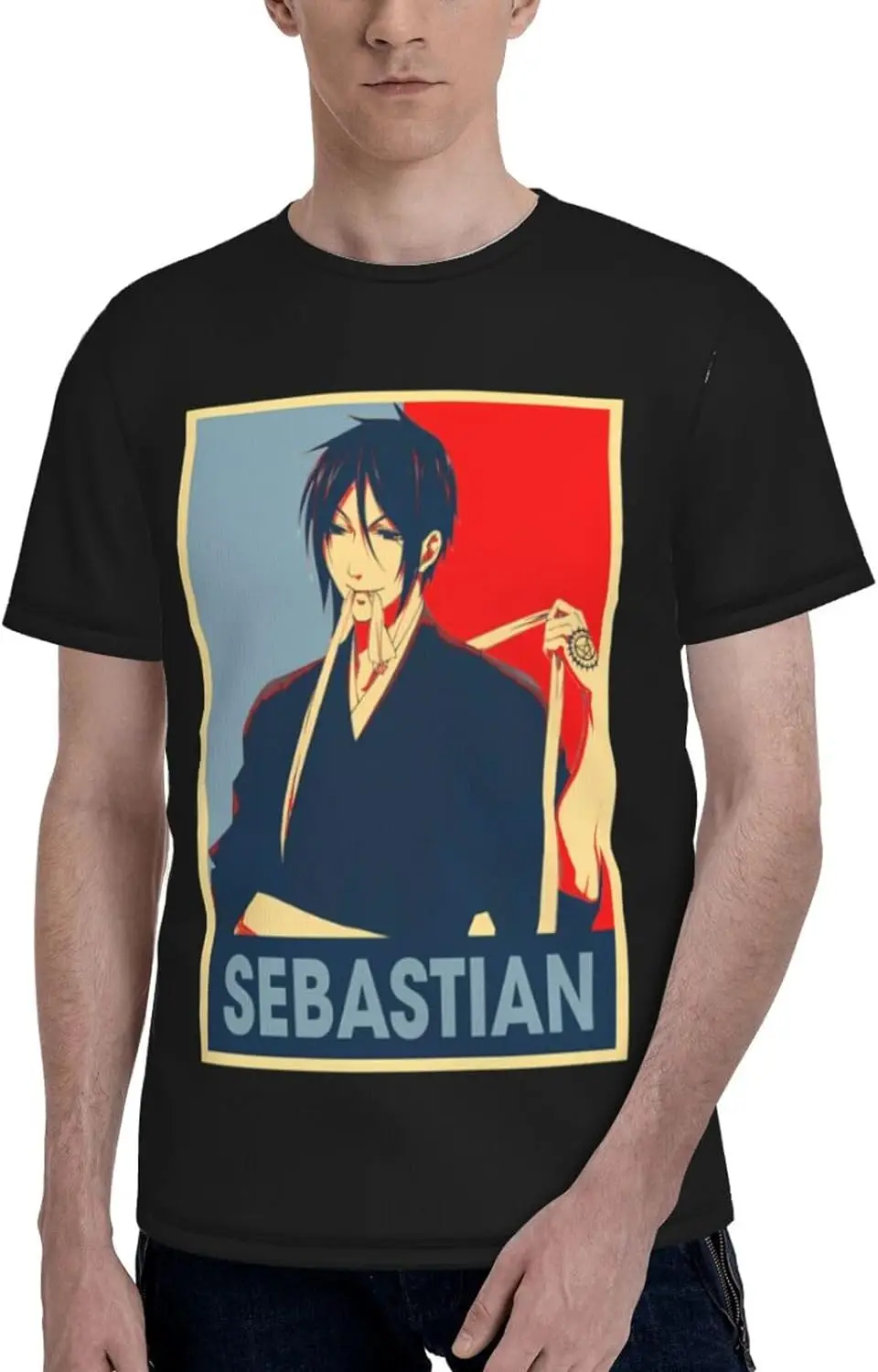 

Black Anime Butler Shirt Men's Polyester Crew Neck Short Sleeve T-Shirt Double Sided Full Print Sweatshirt Tops Black