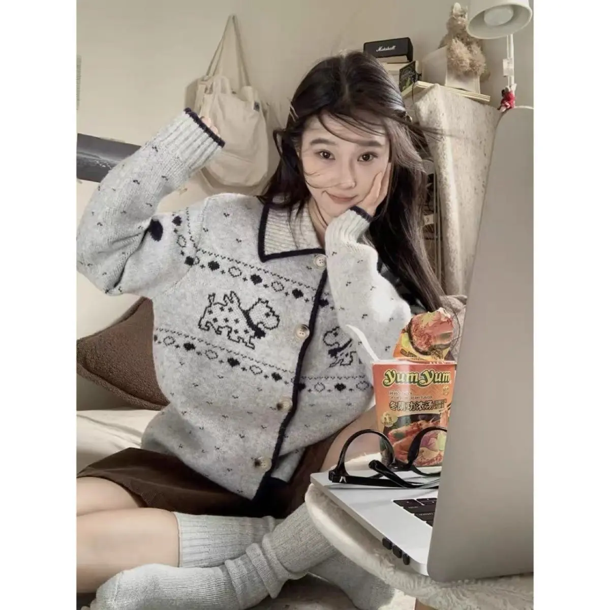 

Puppy jacquard lapel sweater autumn new sweet lazy loose sweater cardigan coat top sweater women