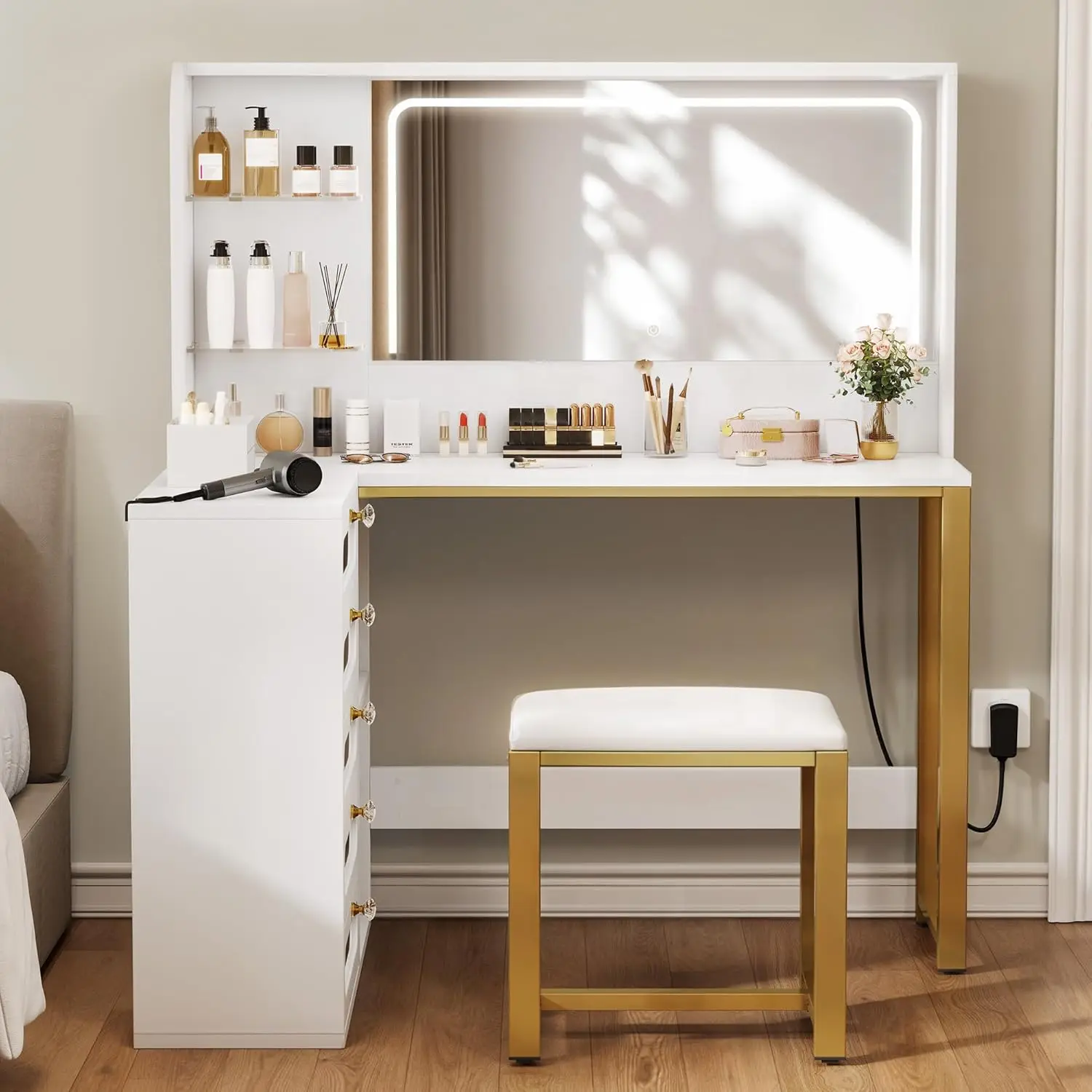 YITAHOME-Ensemble de bureau de courtoisie, vanité de maquillage L avec miroir et lumières, 3 modes d'éclairage, grande table en spanTable de 48 "avec 5 Guatemala