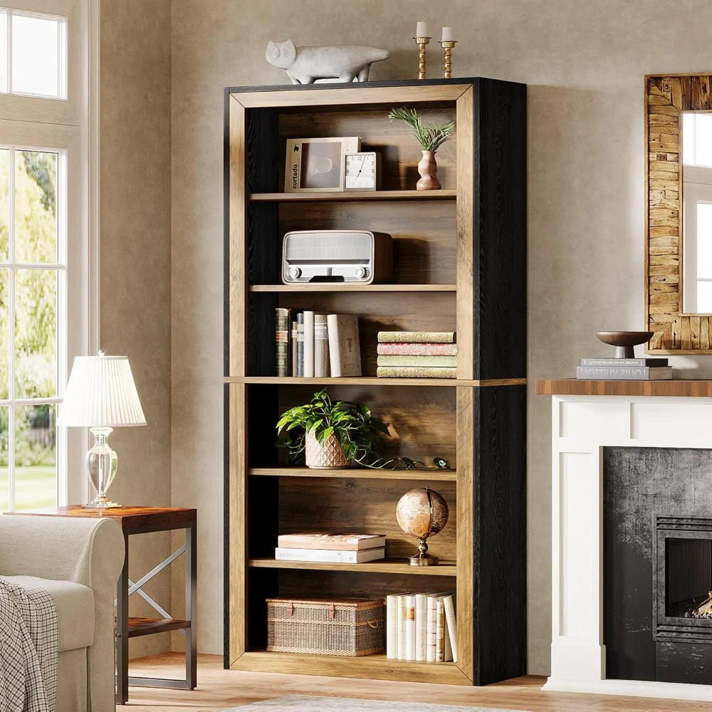 

7-Tier Tall Bookcase Vintage Wood Display Bookshelf for Living Room, Office & Bedroom (1, Brown + Black)