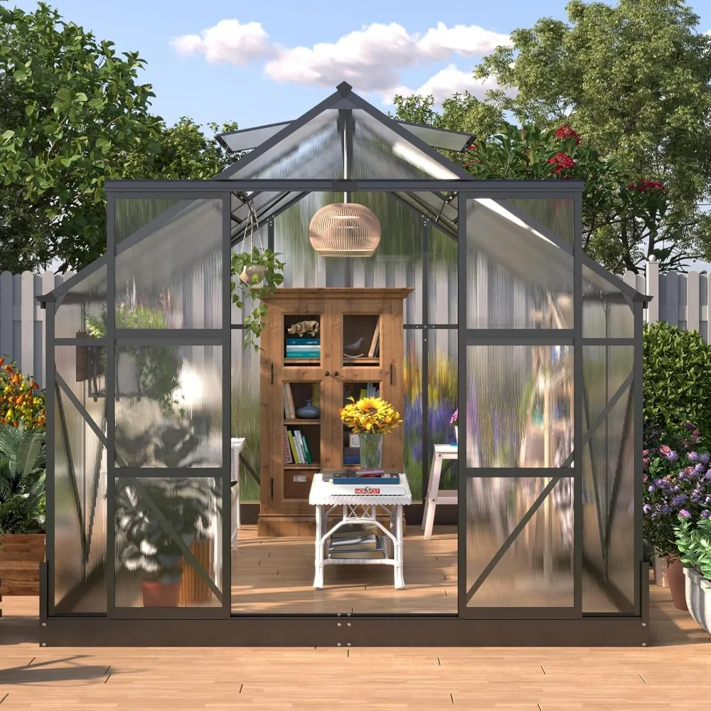 

Polycarbonate Greenhouse, 2 Sliding Doors 2 Vent Window, Storage Shed Sunroom Aluminum Large Hot House, 10x8x7.5 FT