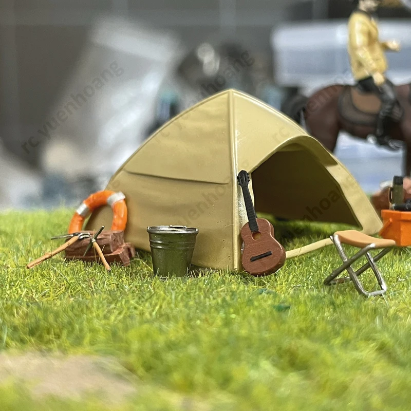 1/64 Schaal Miniatuur Wild Camping Scène Statisch Model Tent Campingtafel Kruk Kampvuur 3D Gedrukt Simulatie Decoratief Ornament