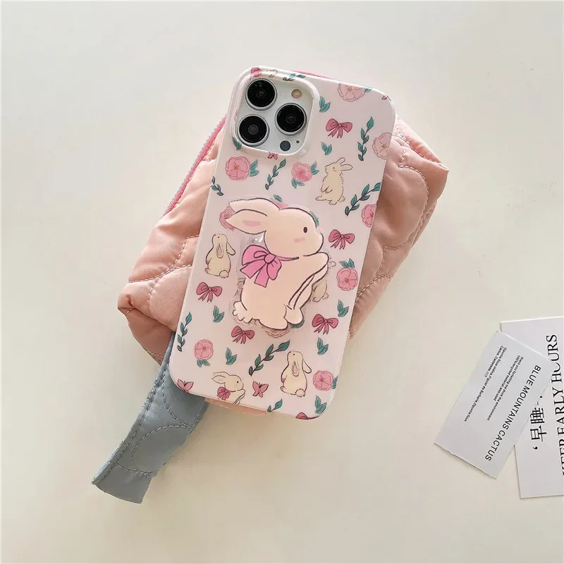 Słodki różowy króliczek muszka Kwiat bracket kreskówka Etui na telefon do iPhone'a 16 15 14 13 11 12 Pro Max Xr 14 Plus etui Cute Soft Cover