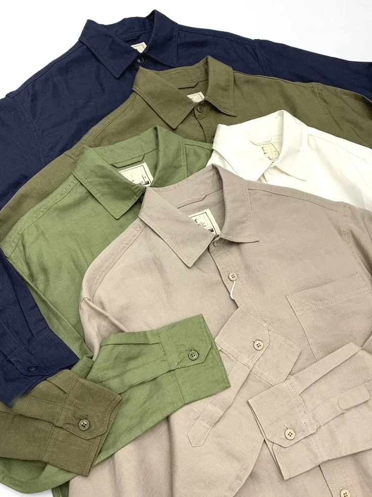 

Pure Cotton Linen Men's Shirt American Retro Pocket Long Sleeve Open Cardigan Breathable Workwear Shirt Linen Youth Fashion