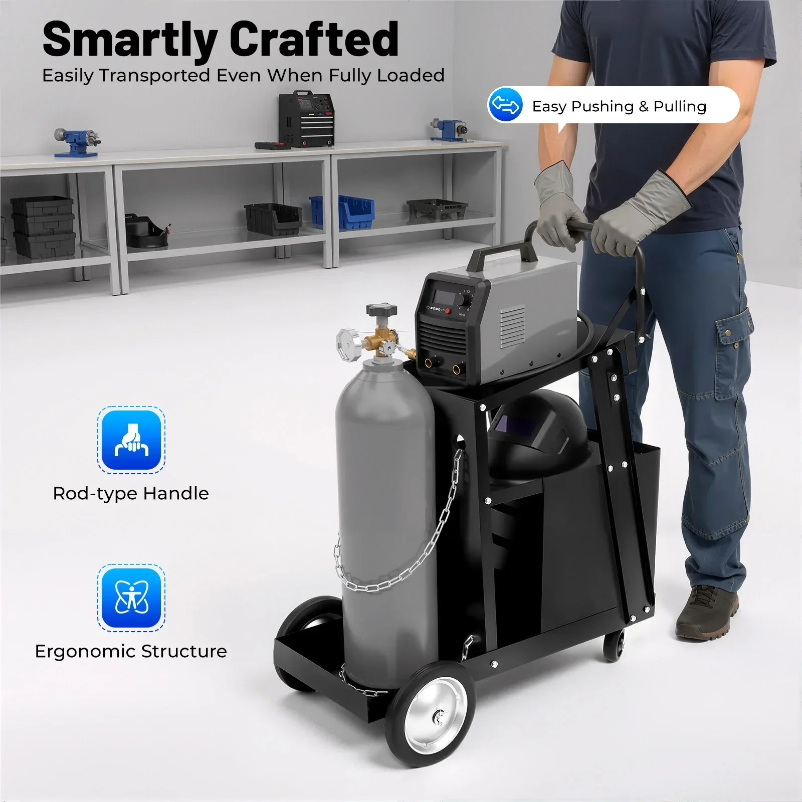 Rolling Welding Cart with Comfort Grip Handle - Black Welder Trolley Equipped with 4 Storage Drawers, Mobile Workshop Tool Cart view 5