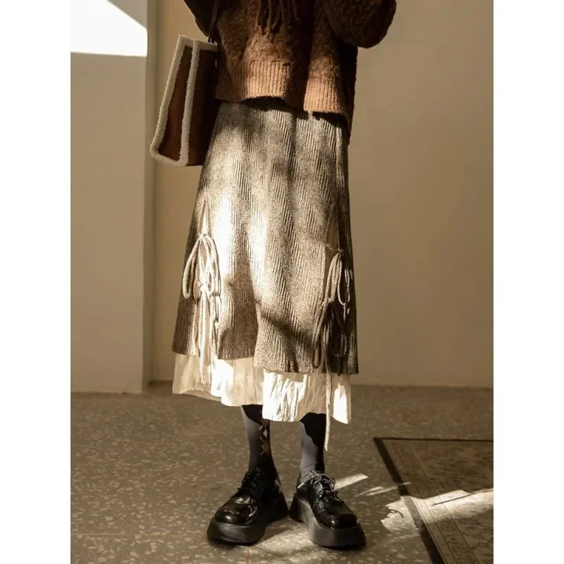 

Y2K Streetwear Irregular Long Skirts for Women Vintage Brown Fake Two Piece Corduroy Skirts Woman High Waist Lace Up Midi Skirt
