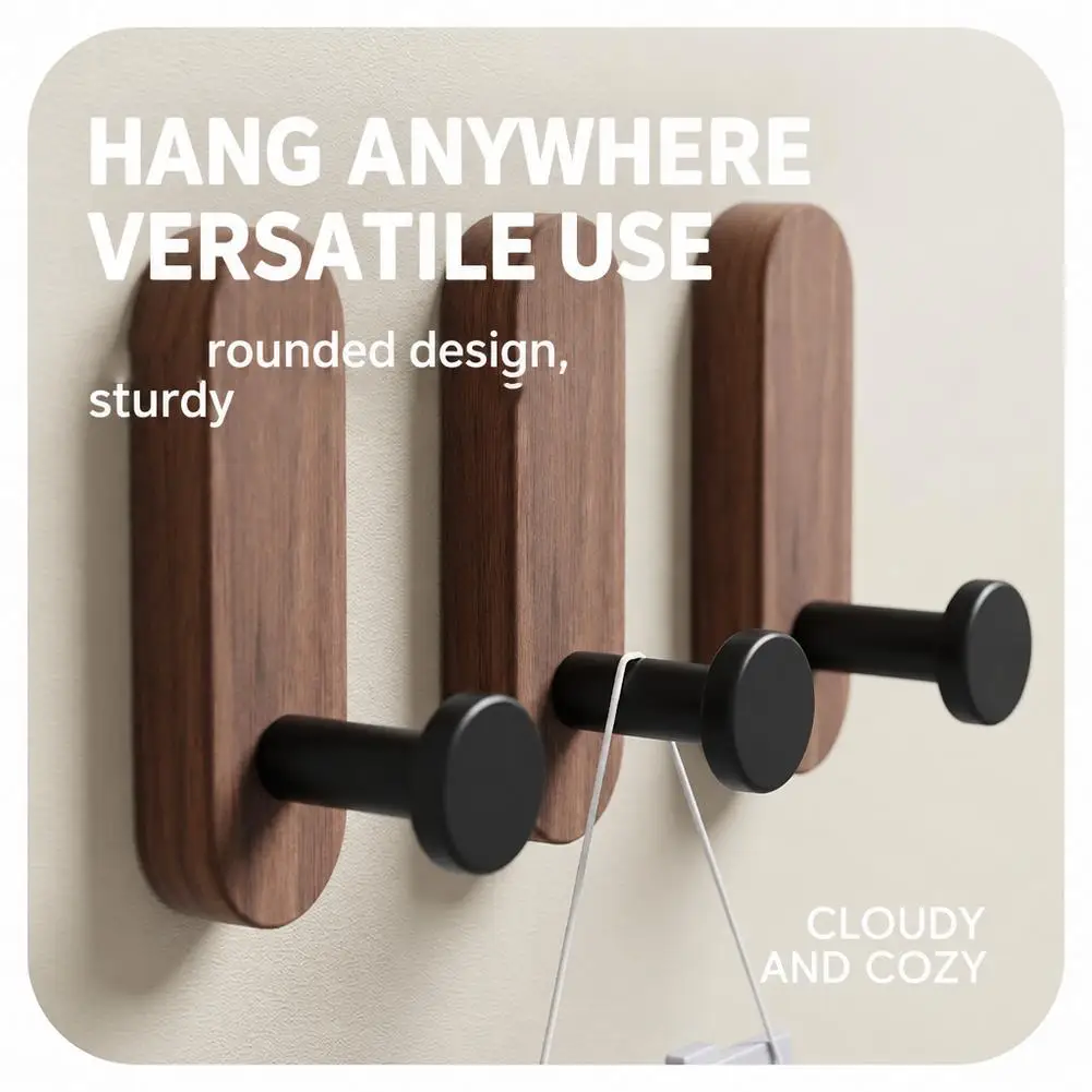 Walnut Wood Mounted Self Adhesive Wall Hooks for Hanging Coat Towel Clothes Blanket Hat Backpack Coat Keychain Entrance