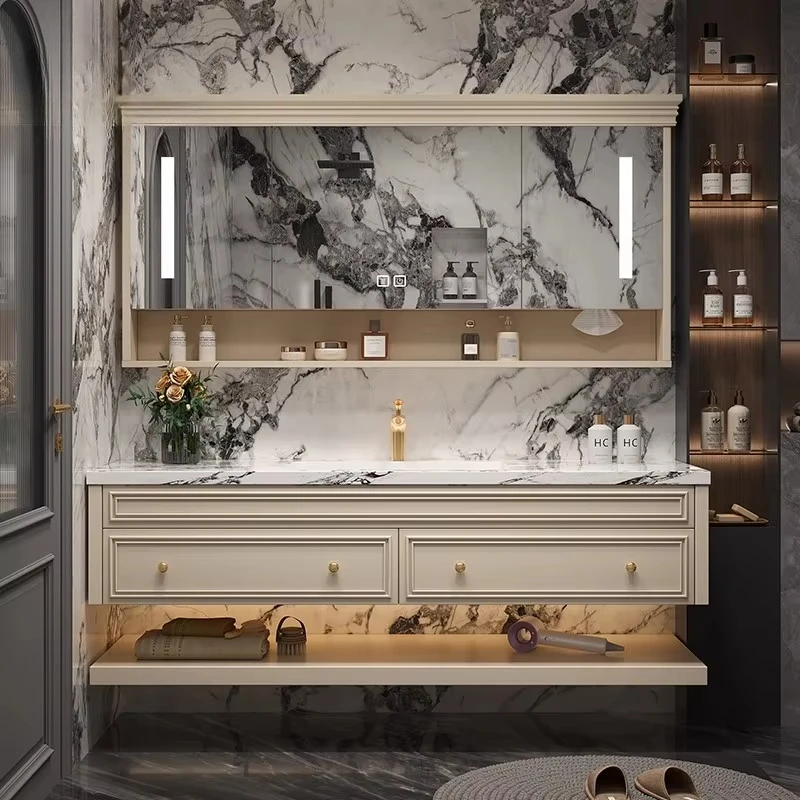 

&c A French vintage-style oak material smart lighting storage cabinet, containing a dressing table and sink combination.