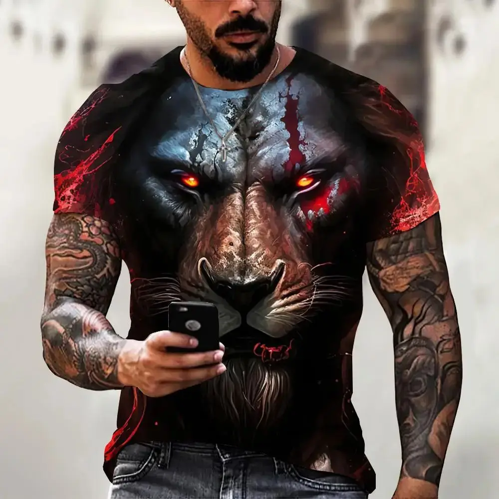 2024 Lion Print T-shirt 3D Animal Men\'s Shirt Summer Short sleeved men\'s casual pullover Oversized Top T-shirt Men\'s S-6XL