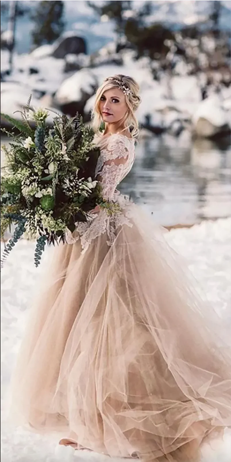 Suknie ślubne w stylu Champagne Lace na plażę, z długimi rękawami, tiulowe, z odkrytymi plecami, bajkowe suknie dla panny młodej, Vestido De Noiva