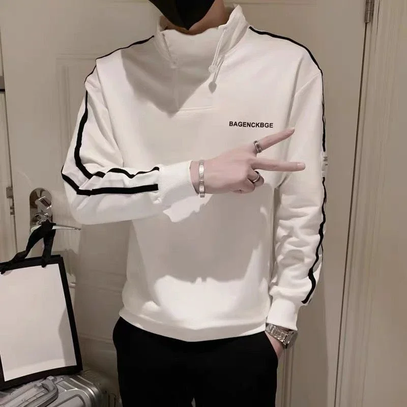 Hoodieless Male Clothes Sweatshirt for Men Black Pullover Slim Fit No Brand Novelty and Korean Style High Quality Loose Top S