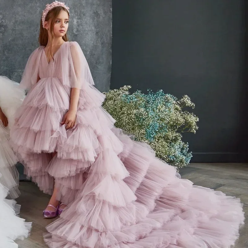 Vestidos de flores para niña, tul blanco y rosa escalonado con cola larga, manga corta para boda, fiesta de cumpleaños, banquete, vestidos de princesa