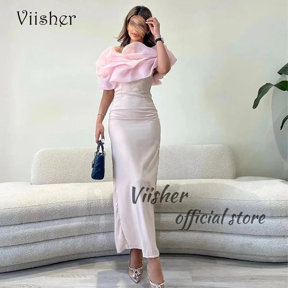 

Viisher Saudi Arabia Mermaid Evening Dresses Pleats Organza Off Shoulder Formal Prom Dress Ankle Length Dubai Prom Party Gowns