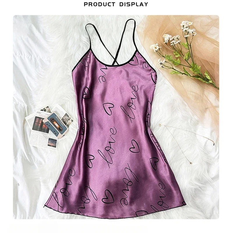 Conjuntos de pijamas de tela satinada con tirantes cruzados y estampado de corazón, camisón informal con tirantes y cuello redondo, vestido para dormir, vestidos para dormir para mujer