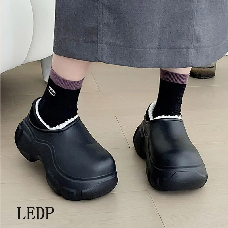 LEDP Brand 8cm Thick Sole Increase Female Winter Outside Wear Wool Thickened Warm Waterproof Indoor Household Cotton Shoes