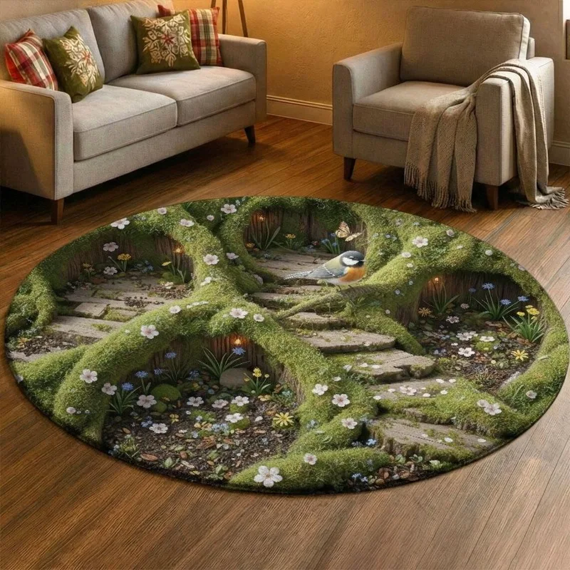 Tree Hole Staircase Circular Carpet Visual 3D Plant Flower Anti Slip Door Mat Living Room Bedroom Kitchen Decoration Rug