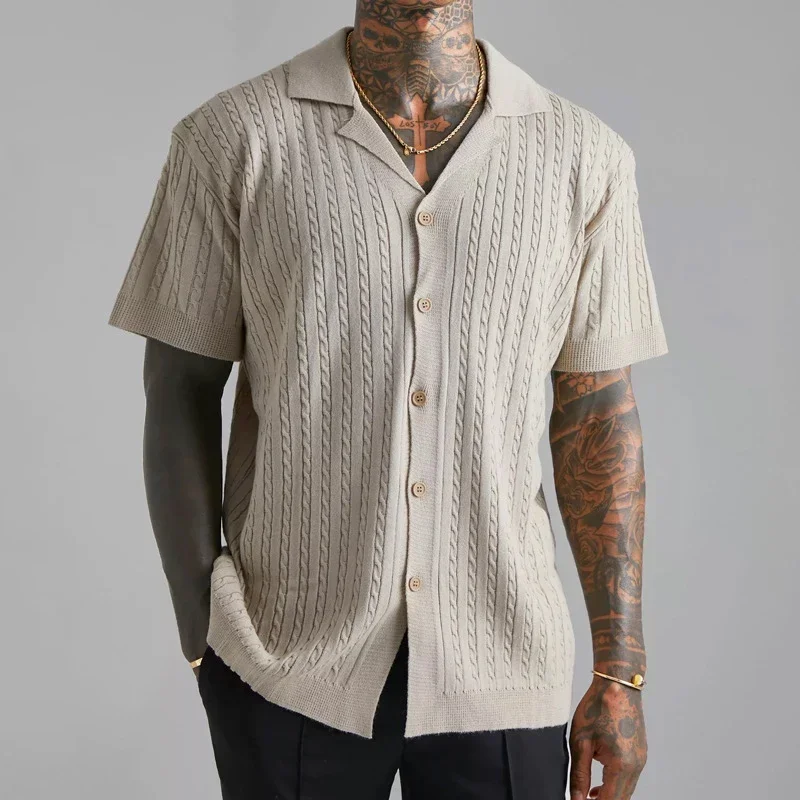 

Streetwear Mens Knit Shirts Vintage Turn-down Collar Buttoned Knitted Cardigan Men Tops Summer Stylish Jacquard Knitting Shirt