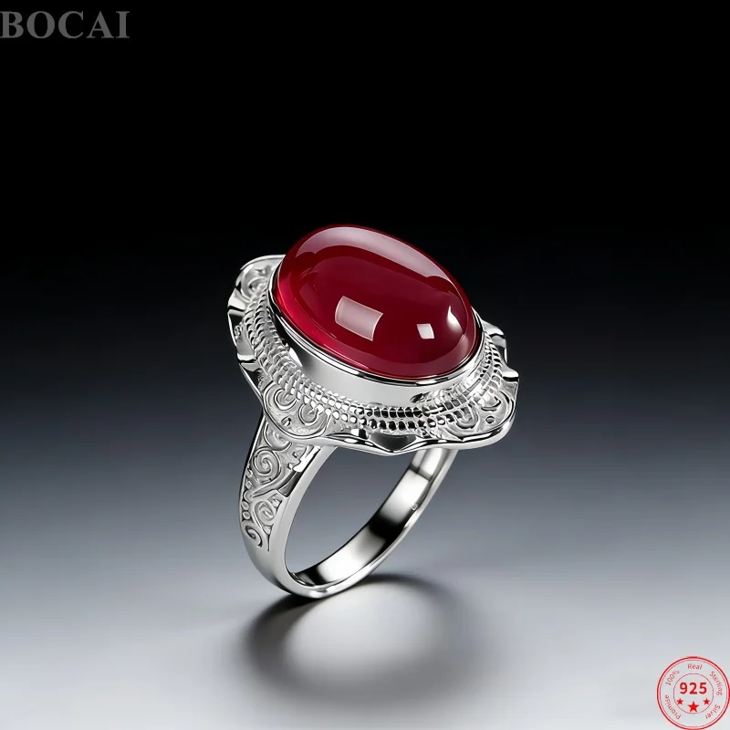 BOCAI New S925 Sterling Silver Rings for Women Hollow Eternal Rattan Pattern Inlaid Caboshon Red Corundum Fine Jewelry Wholesale