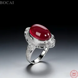 BOCAI New S925 Sterling Silver Rings for Women Hollow Eternal Rattan Pattern Inlaid Caboshon Red Corundum Fine Jewelry Wholesale