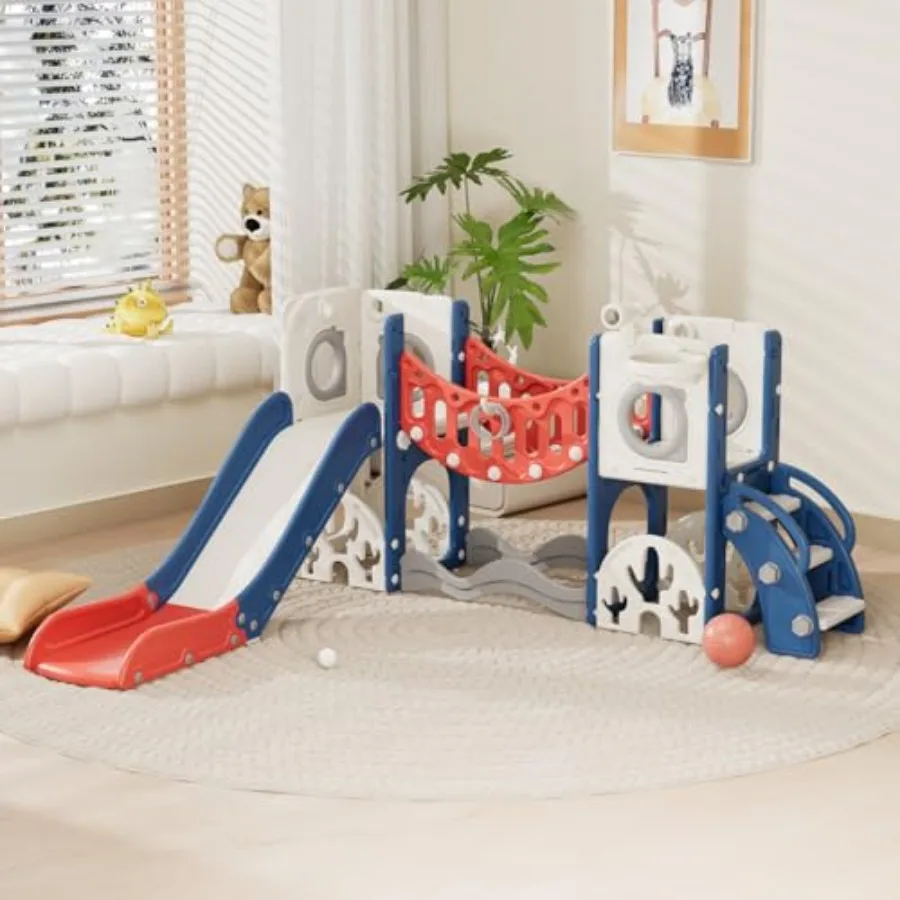 

10 in 1 Toddler Slide Set for Outdoor Indoor Playground Red Blue Climbing Arch with Basketball Hoop and Ball Golf Set Slide for