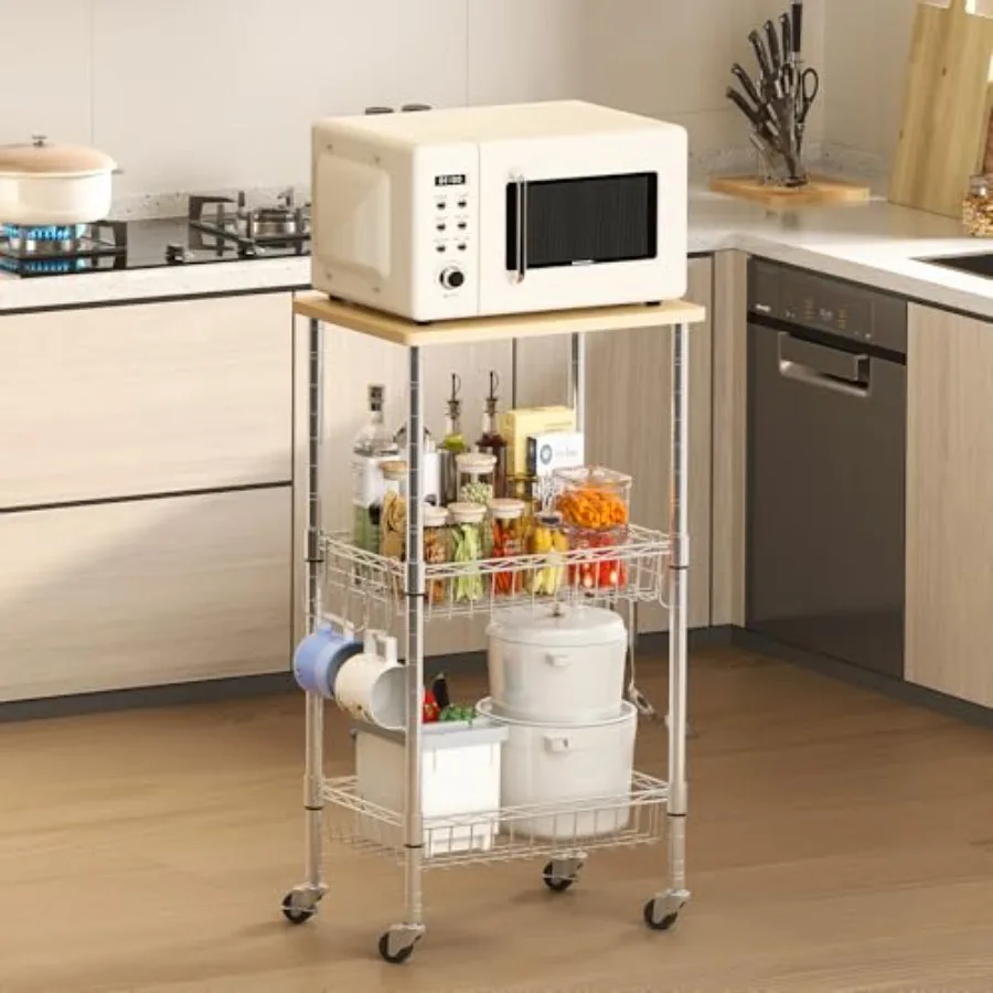 

Rolling Kitchen Storage Cart, 3-Tier Storage Rack on Caster Wheels with Adjustable 2 Baskets, Coffee Station Cart Rack Shelf Or