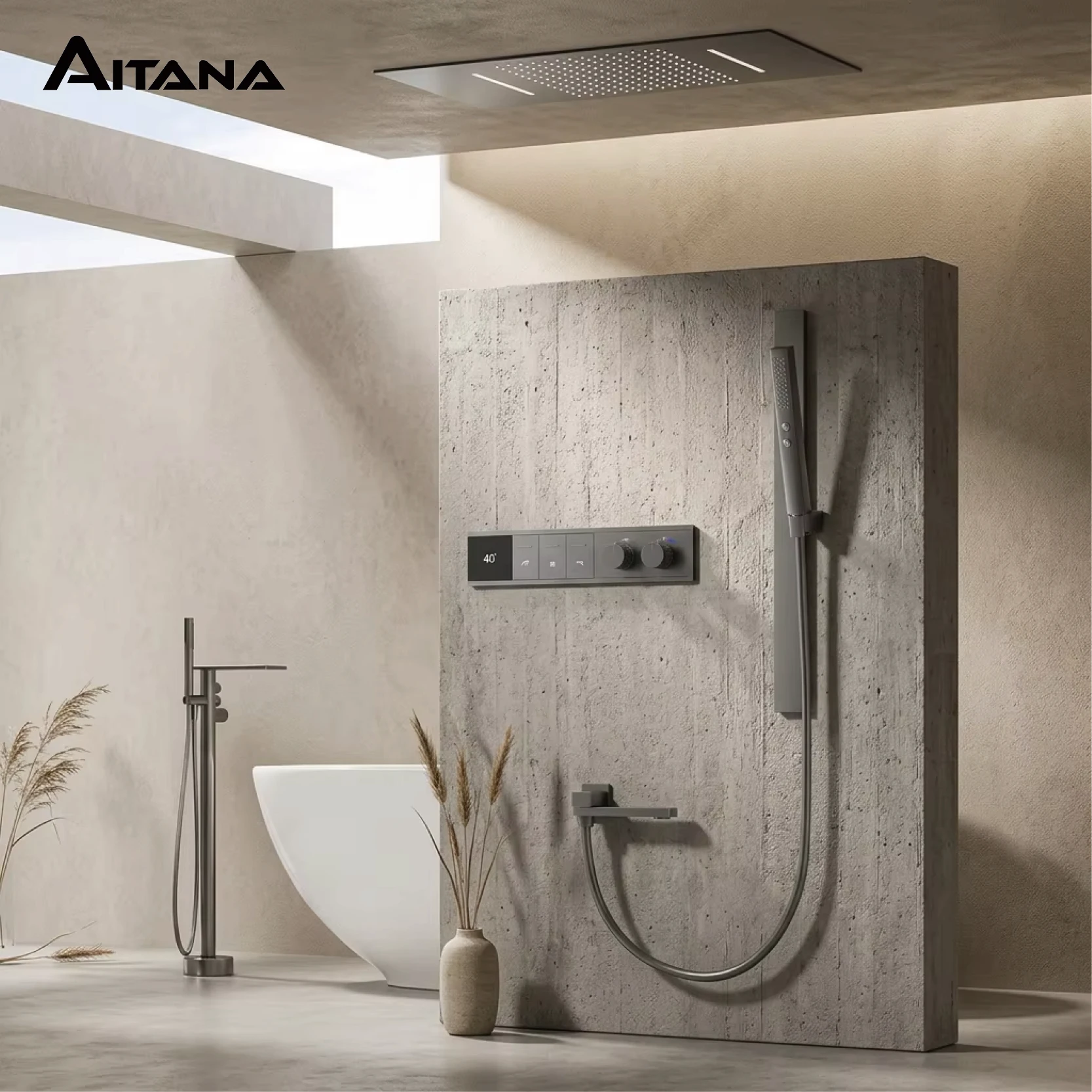 Gunmetal-Grau Messing LED Digital-Display Thermostatisches Duschset Deckenmontierter Regenduschkopf Verstellbare Gleitstange Badezimmerarmatur
