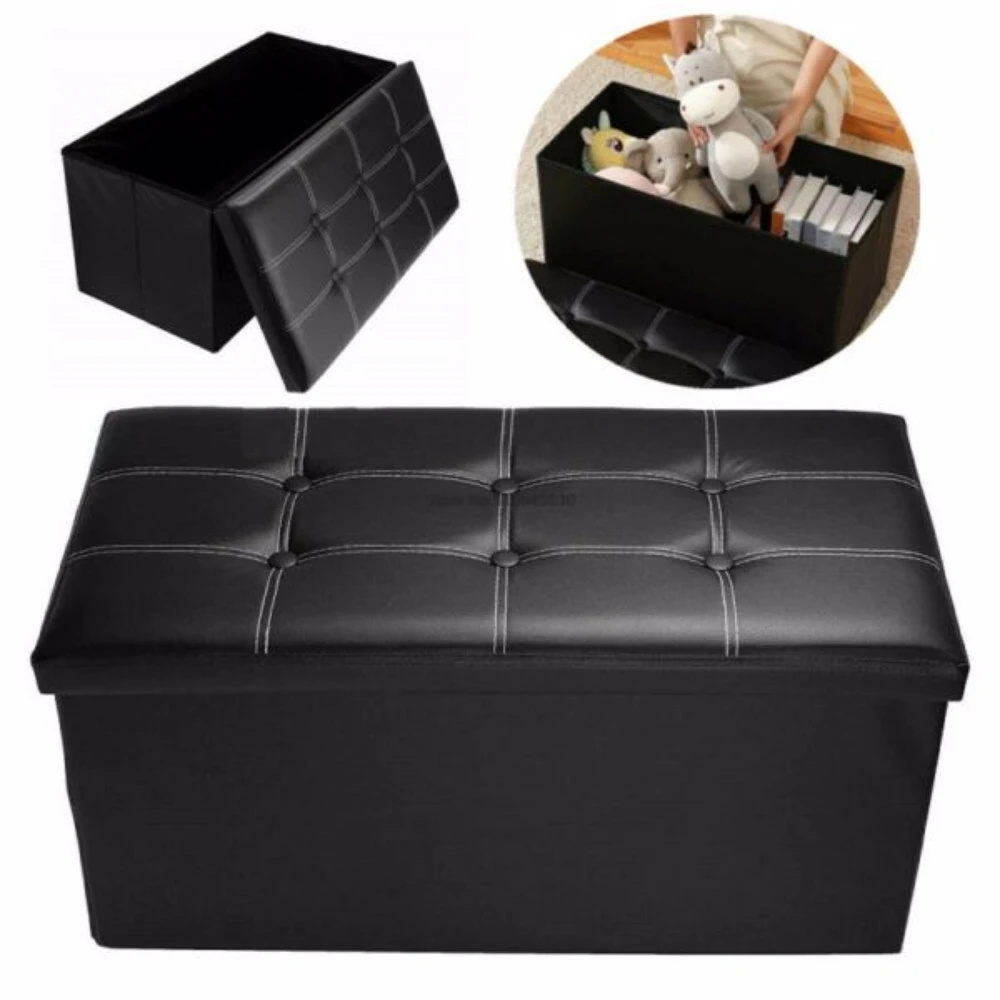 Large capacity folding storage stool, leather multifunctional Ottoman Seat Stool Footstool Toy Storage Box Bedroom Living Room