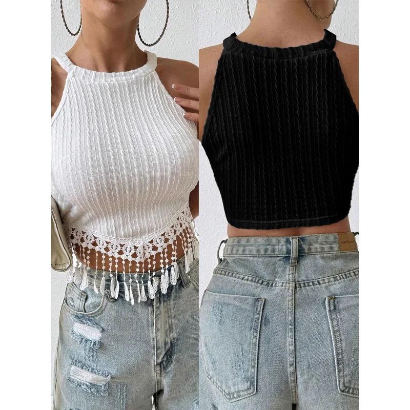 Women Halter Knit Crop Top Sleeveless Lace Tassel Hem Ribbed Slim Fit Y2K Cami Tank Top Multi Colors