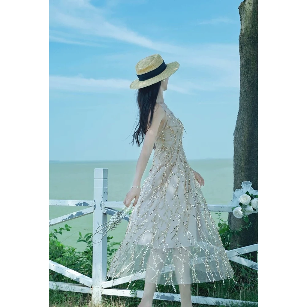 2026 Summer Mom & Me Matching Outfits Sequin Tulle Backless Maxi Dress for Beach Vacation & Party Photoshoot