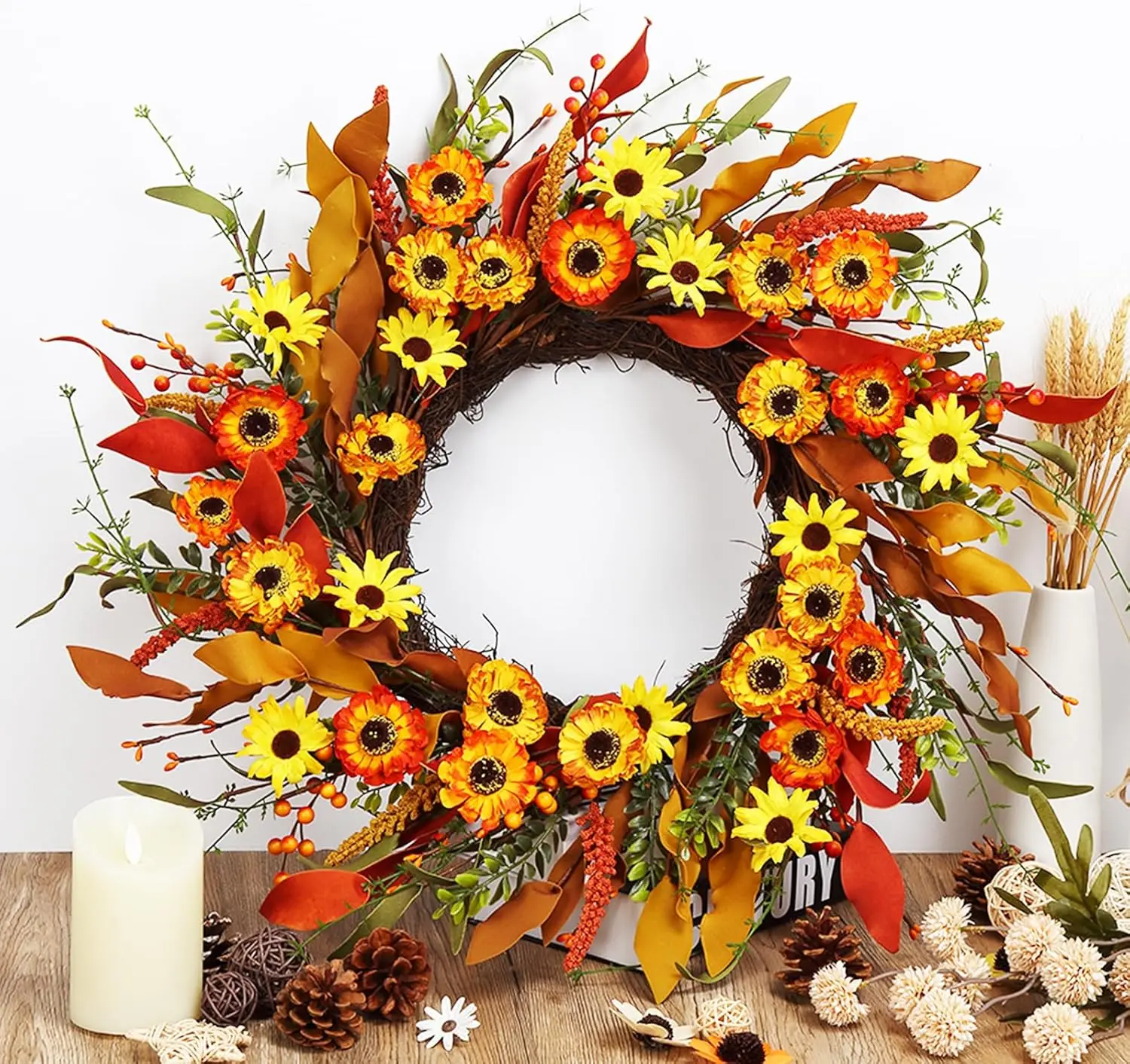 

20" Orange Daisy Wreath, Artificial Fall Wreath, Front Door Wreaths, Autumn Harvest Wreath, Autumn Home Decor, Floral Wreath