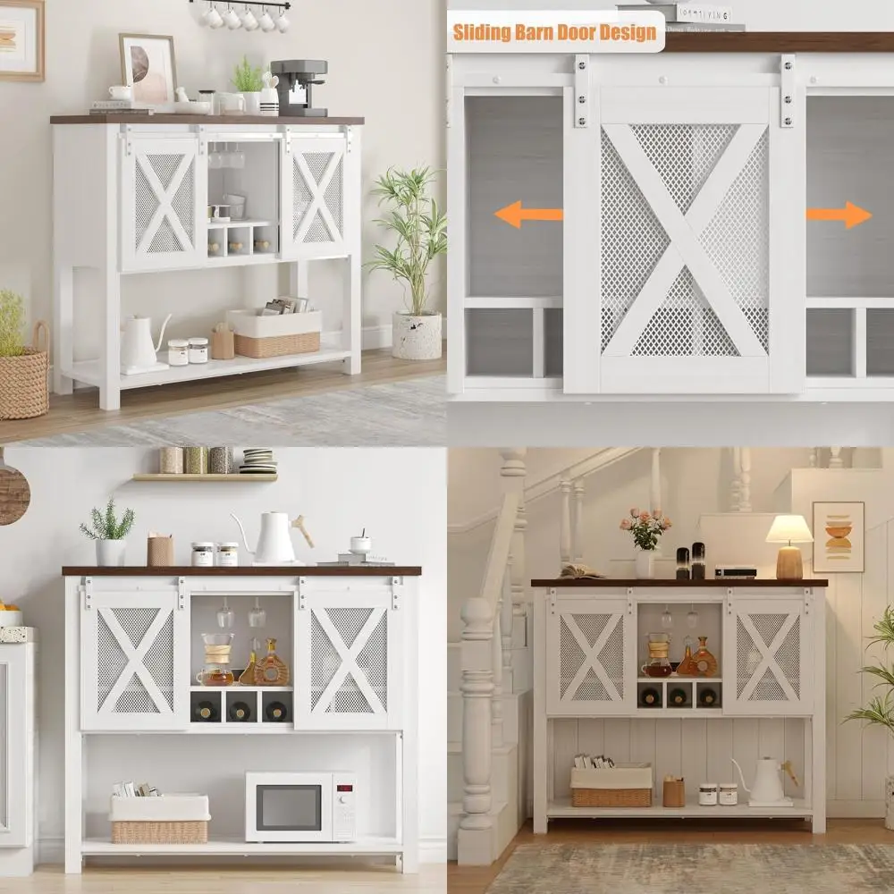 

Современный буфет с раздвижной дверью-амбаром, винными полками и открытыми секциями для хранения, подходит для кухни, столовой или прихожей, белый