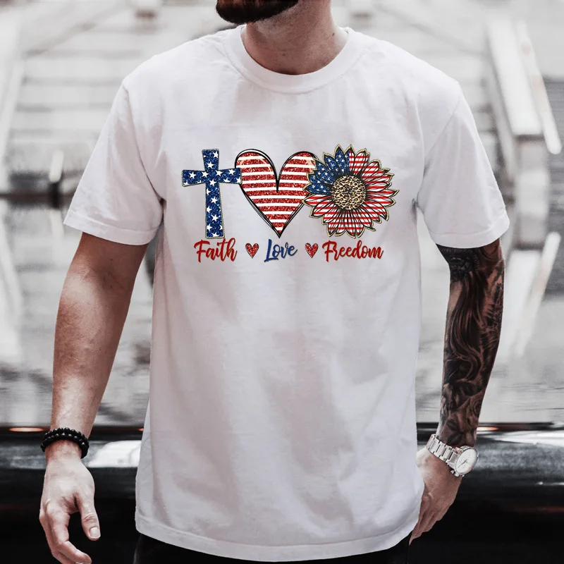 T-shirt décontracté à manches courtes pour homme Faith Love Freedom, motif 4 juillet, mode Hip Hop Streetwear