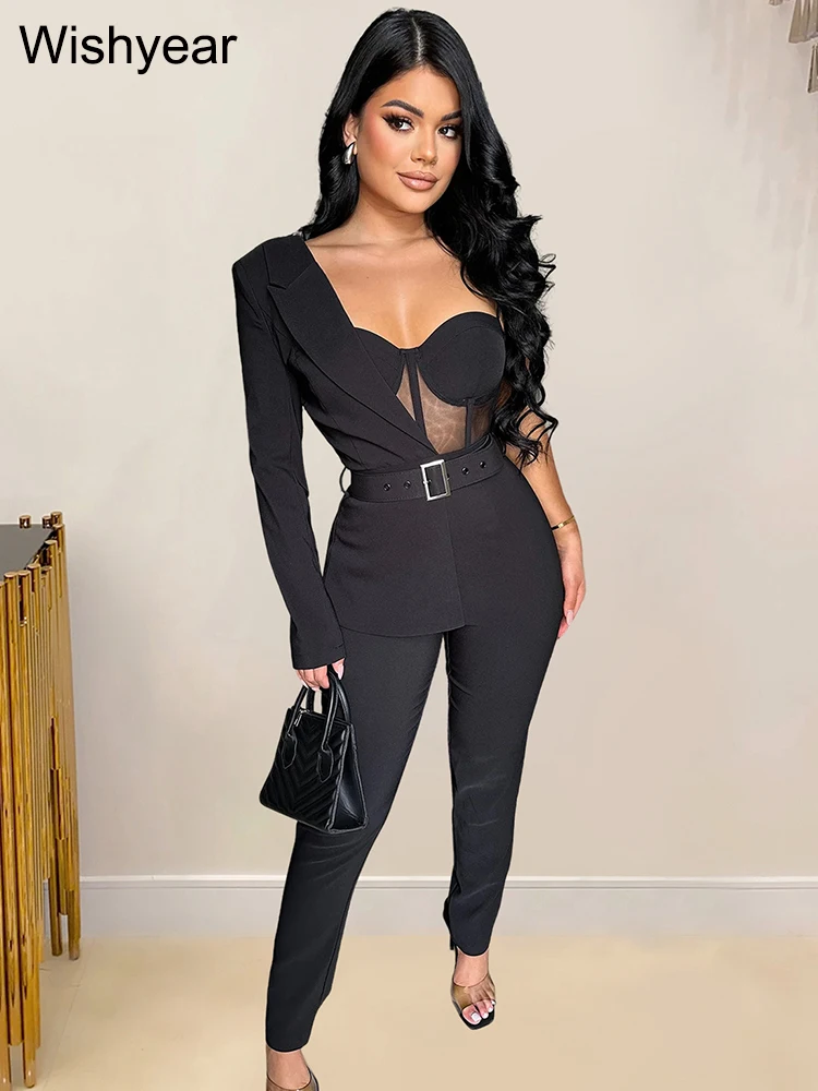 

Wishyear Asymmetric Blackc One Shoulder Jumpsuits with Belt Women Sexy Party Club One Pieces Suit Playsuits Birthday Overalls