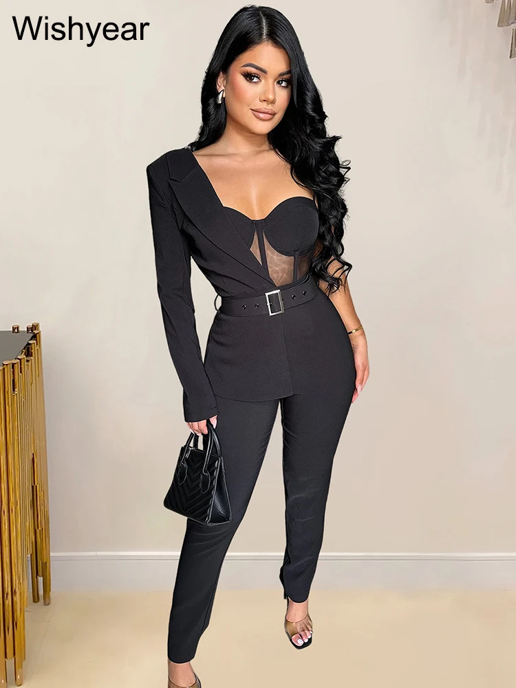 Wishyear Asymmetric Blackc One Shoulder Jumpsuits with Belt Women Sexy Party Club One Pieces Suit Playsuits Birthday Overalls