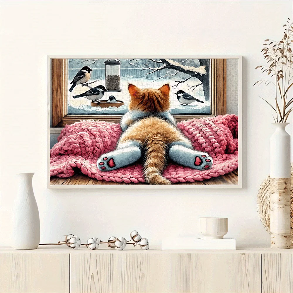 

1000pcs Cat and Bird Winter Scene Puzzle - Orange Tabby Cat with Snowy Window Birds, Vibrant Colors, Large Family Challenge Pu