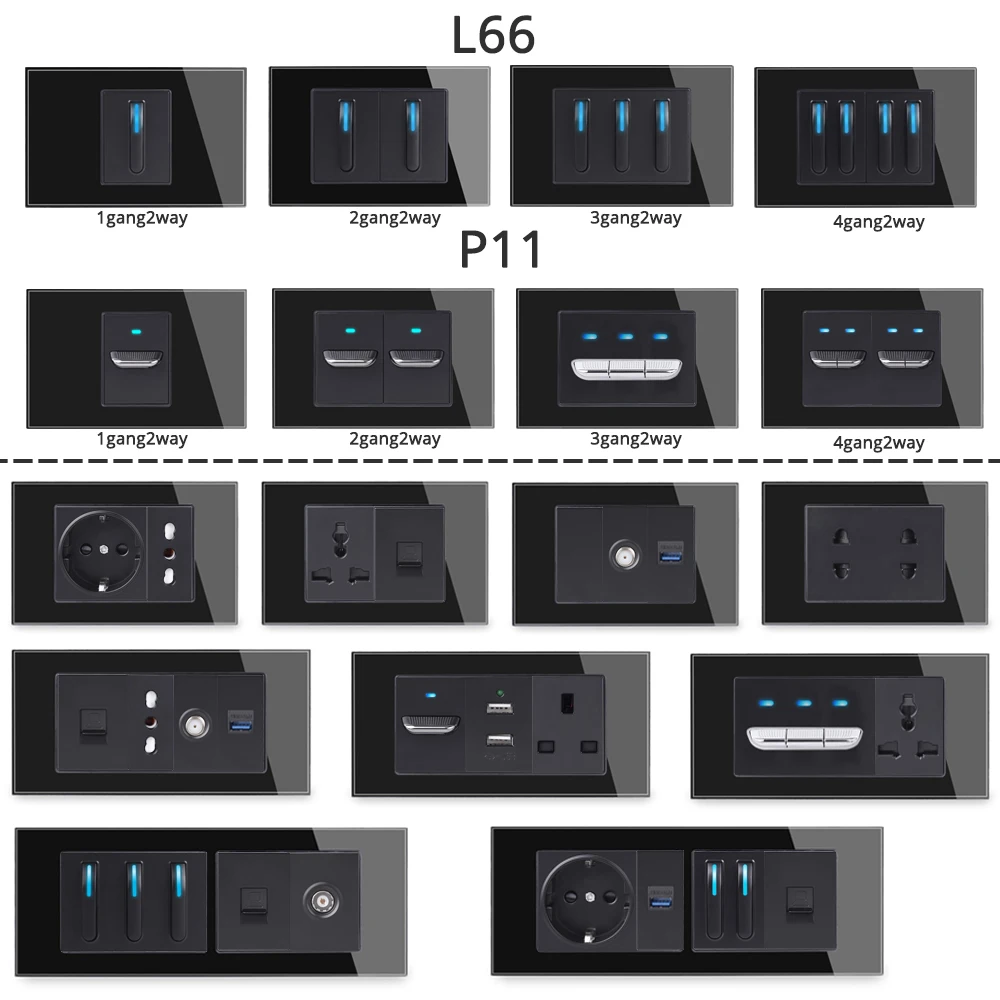 Coswall US Standard Glass Panel Toggle Wall Light Switch EU/FR/UK/Italian Standard Socket HDMI USB CAT6 Internet Module DIY