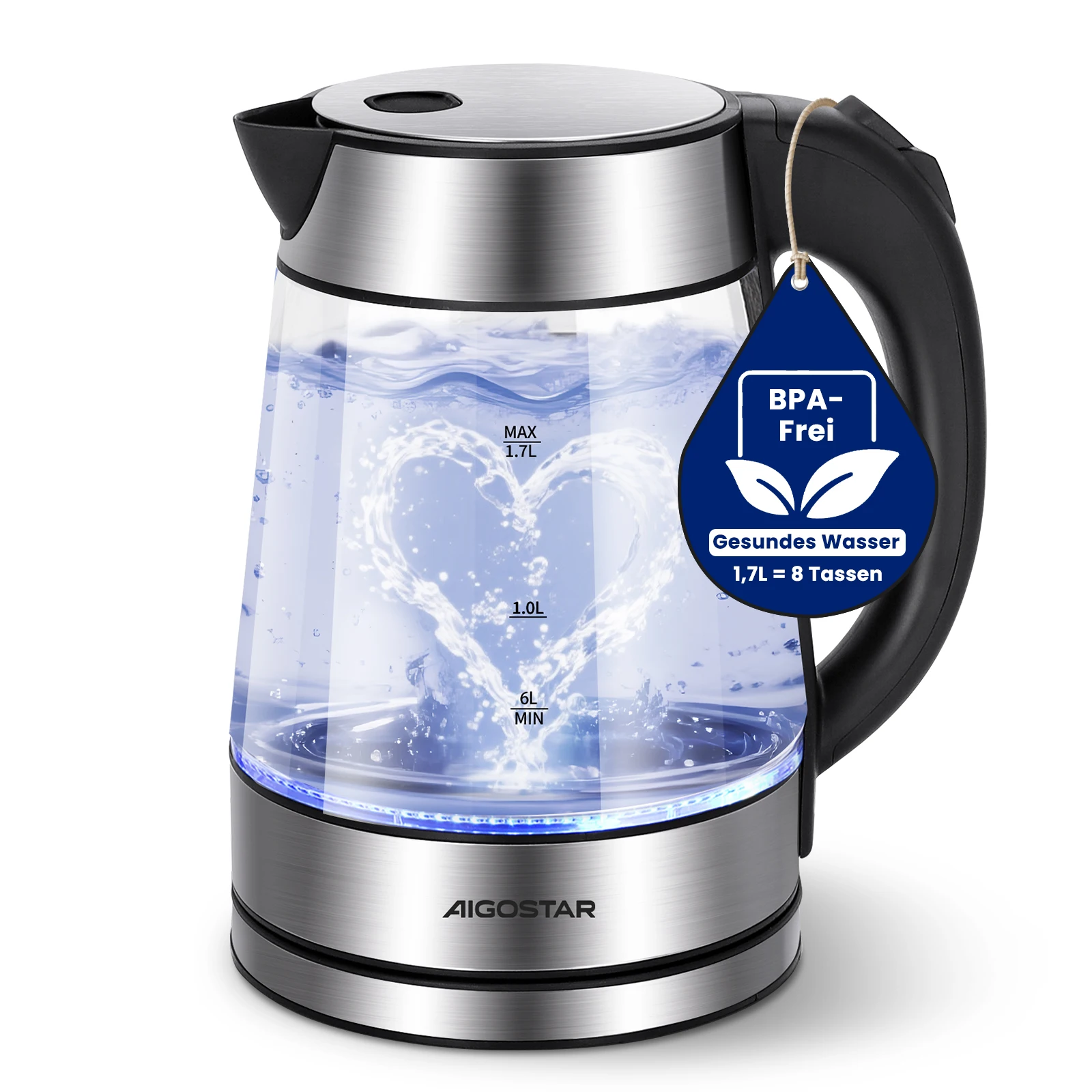 Aigostar Edelstahl Glaswasserkocher mit LED Beleuchtung, Glas Wasserkocher Verdicktes Borosilikatglas 1,7 Liter, 2200 Watt, Kalkfilter, Auto-off Trockenlaufschutz, BPA frei, Silber