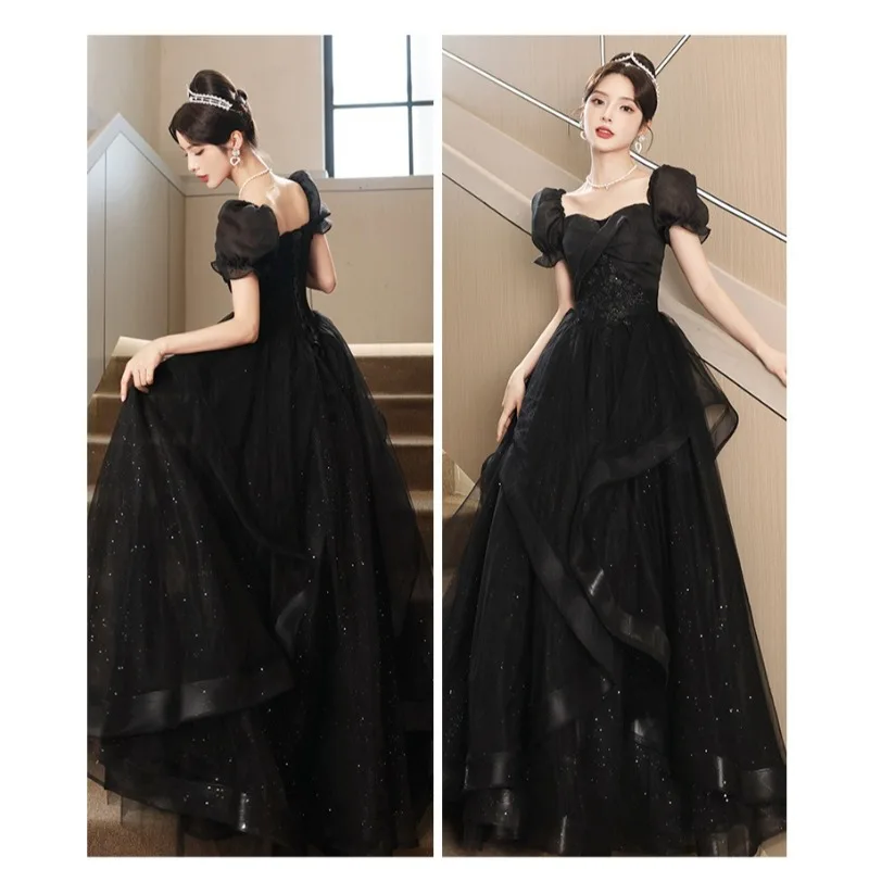 

Black Evening Dress 2025 Fashion New Banquet Temperament Square Collar Short Sleeve A-line Formal Women Elegant Party Dresses