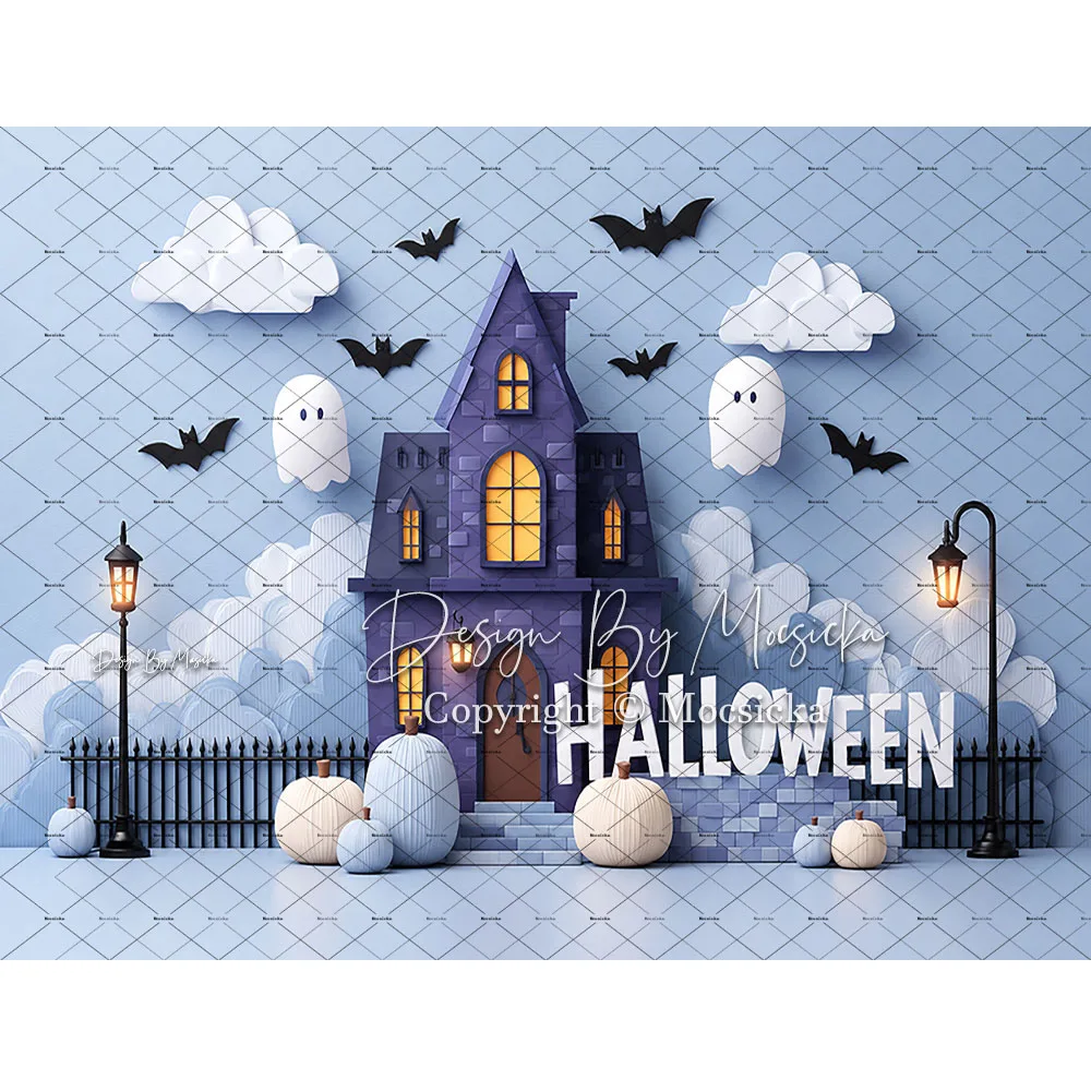Mocsicka Backdrop Photography Halloween Balloon Arch Spider Web Bat Pumpkin Ghost Candy Lollipop House Background Studio Photo