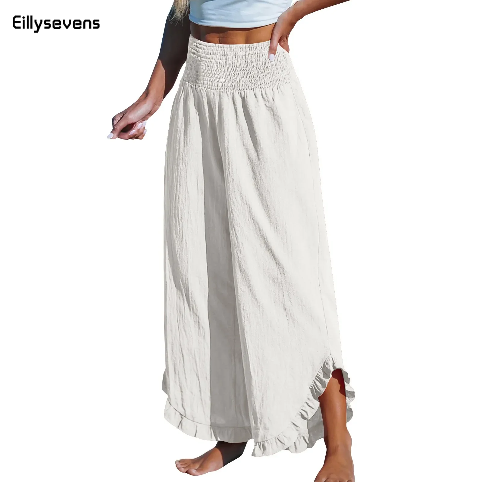 

Women'S Yoga Pants Casual Solid Color Elastic High Waist Cotton And Linen Flare Wide Leg Irregular Ladies Sports Ruffles Trouser