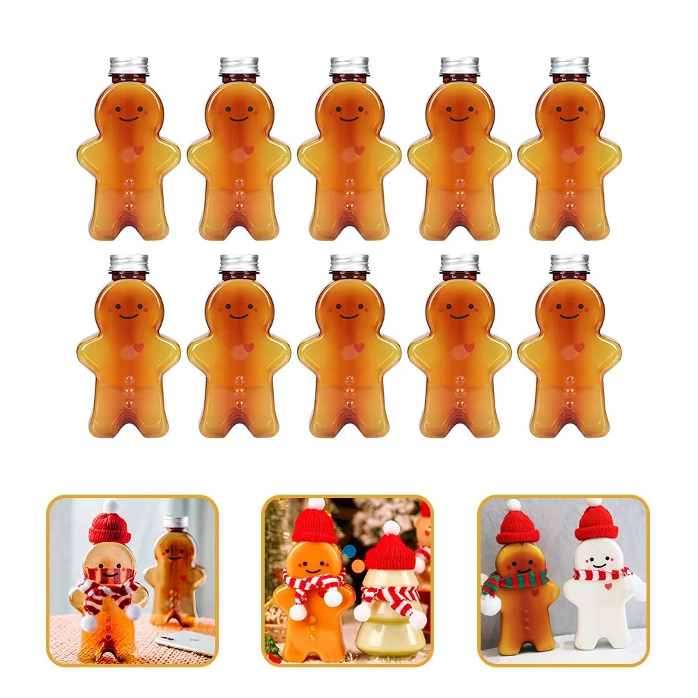 

10 Pcs Gingerbread Man Christmas Drink Bottle Plastic Bottles with Caps Slender Beverage Gift Packing Outdoor